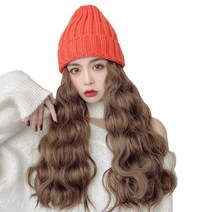 가발 여자 긴 머리 모자 일체 여자 가을 겨울 니트 물결 그물 레드 패션 내추럴 풀 세트 현물