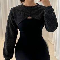 크로스 볼레로 커버업 크롭 니트, 차콜