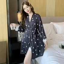 여자 골프샤워가운 하트 레이스 로브가운 홈가운 목욕가운, 실크하트레이스 로브가운, 블랙, 1개