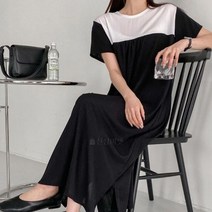 옷자락 [옷자락] 여자 배색 라운드넥 루즈핏 반팔 원피스
