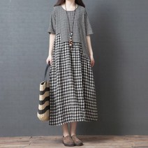 여성 여름 린넨 쿨 루즈핏 날씬해보이는 반팔 원피스 레트로 복고풍 체크무늬 블랙 레드