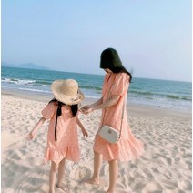 프렌치 패밀리룩 트렌드 여름 맘커플 순면 펀칭 레이스 원피스 해외여행 괌 사이판 하와이 커플룩