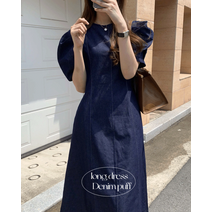 어게인 절개 스티치 퍼프소매 볼륨 벌룬 여름 데님 롱원피스(2color)