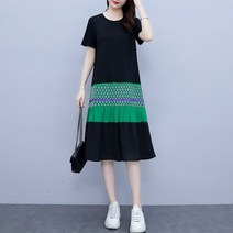 잇츠스타일 [L-5XL] 루즈핏 라운드넥 공작 스티칭 블랙 여름 미디 원피스