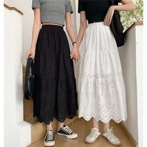 시원 가벼움 여름 자수 레이스 a라인 플레어 캉캉 셔링 코튼 펀칭 롱스커트 흰치마 블랙