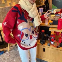하이온 여성 크리스마스 니트 루즈핏 체형커버 힙한 스웨터 연예인 컨셉 예쁜 스트릿 패션 코디 가을 겨울