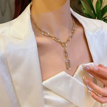 핑크비올라샵 / 클립 오벌 Y드롭 스톤 큐빅 굵은 체인 목걸이