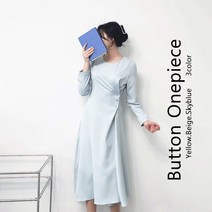 라운드넥 소매퍼프 단추 쉬폰 플레어 롱 원피스(3color)