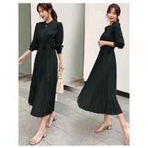 하객룩 정장원피스 하객원피스 여성 의류가을 주로 디자이너 긴 소매 pleated 드레스 패션 보우 벨트