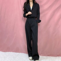 오월 여성용 세트가격 봄 가을 간절기 긴팔 카라 자켓 뒷밴딩 와이드 슬랙스 세트 크롭 어깨패드 핀턱 롱 팬츠 긴바지 투피스 셋업 루즈핏 블레이저 세미정장 러플 (3color)