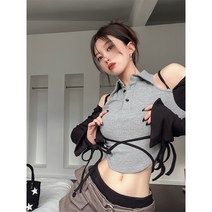 티셔츠 여성 봄 여름 오프숄더 패치 긴팔 슬림 스트랩 쇼트 상의