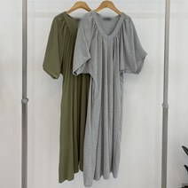 여름 반팔 면 브이넥 셔링 가오리 루즈핏 여행 나들이 홈웨어 잠옷 펜션 휴가지 패션 롱 원피스