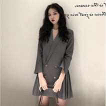 여성 빅사이즈 더블버튼 플리츠 포인트 미니원피스 미니원피스(허벅지위)