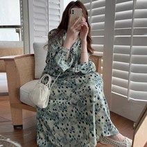 우아글로벌 모자이크패턴 쉬폰 롱원피스 봄 가을 여름 A라인 플레어