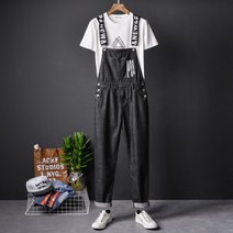 SAMARA 빅사이즈 빈티지 오버롤 레터링 흑청 데님 멜빵바지 점프수트
