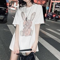 스타일아유 여성 코튼 반팔 면 명품 레빗 핫피스 롱 티셔츠 여름 오버핏 박시핏 슬림 빈티지 티 데일리 캐주얼