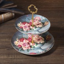 유럽풍 애프터눈티 2단 디저트 접시 케이크 스탠드, 2층 클래식 로즈
