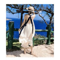 민소매 스퀘어넥 A라인 백리스 롱 플리츠 원피스 플레어 드레스 화이트 20대 여행룩 캠핑룩