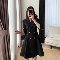 블랙 원피스 결혼식 하객룩 오피스룩 단정한 긴팔 세련된 골드단추 플레어 코트 날씬해보이는