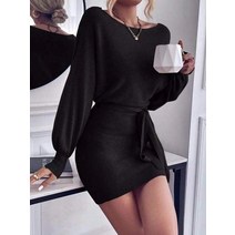 우아한 긴 소매 bodycon 드레스 여성 2022 보트 넥 batwing 슬리브 벨트 드레스 스웨터 양모 여성 겨울 통근 미니 드레스