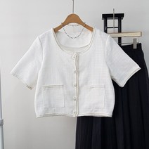 상상그이상 여성용 컬러 트위드 라운드넥 반팔자켓 앞포켓 고급스러운 진주 포인트 노카라 러블리무드 간절기 하객룩 캐주얼 데이트룩