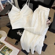 와이드 레그 바지 멜빵 투피스 화이트 플리츠 슈트