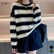 메이첼 여성용 루즈 배색 라운드 니트 데일리 티셔츠 01621