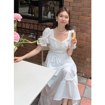 셀프웨딩 프라이덜샤워 퍼프숄더 레이스 셔링 롱 반소매 원피스 블랙 화이트 S M L XL
