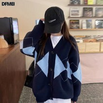 잉글리쉬 아가일 체크 니트 가디건 스웨터 여 루즈핏 나른 브이넥 하프 코트