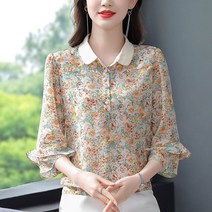 봄 옷♥2023 패션 백합 프린트 상의 여성 서양식 이른 블라우스