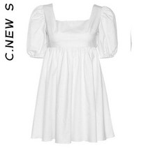 린넨 아일렛 봄 여름 가을 원피스 C. S 패션 화이트 퍼프 슬리브 등이없는 파티 비치 드레스 휴가 캐주얼 미니