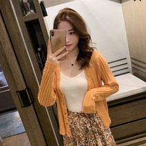 긴팔 니트가디건 가을옷 인싸템 와이드 루즈핏 얇은 에어매쉬 여성 머메이드한 숏 레쉬 코트 2304962677, 귤색, S