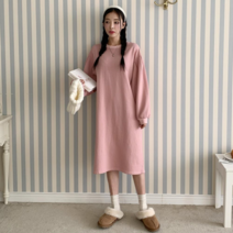 브이와이 VY 여자 핑크 민무늬 보온 박시핏 실내복 롱원피스