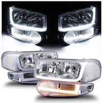 M-AUTO LH&RH 헤드라이트 어셈블리 스위치백 LED 스트립 DRL 포함 01 GMC 시에라 C3 / 02-06 1500 데날리 07 클래식 01-06 유콘 데날리 Yu, Chrome/Clear - Clear Coner_Hal, Chrome/Clear - Clear Coner