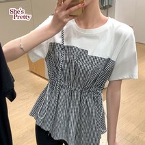 허리스트링 체크 티셔츠
