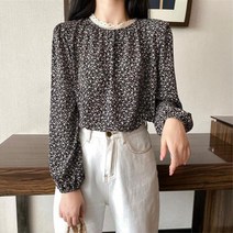 여자 레이스넥 퍼프 소매 플라워 블라우스 봄옷 남방