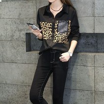레오파드 호피 블라우스 프린트 여성 봄 빈티지 캐주얼 긴 소매 턴 다운 칼라 셔츠