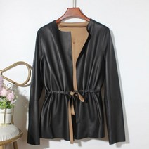 여성 유럽 가죽 코트 드로우 백 라운드 넥 주름 벨트 카라멜 재킷 캐주얼