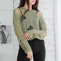오오엘 여성용 비치 꽈 라운드 여름 그물 니트, 카키