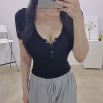 쫀쫀 골지 또또단추 브이넥 반크롭반팔티 4색