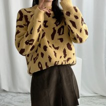 꾸안꾸 데일리룩 루즈핏 도톰 라운드넥 레오파드 호피 니트 4color