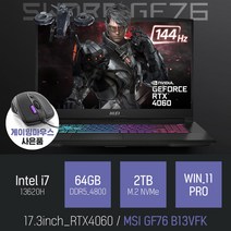 MSI Sword GF76 17.3, 블랙, GF76 B13VFK, 코어i7, 2TB, 64GB, WIN11 Pro