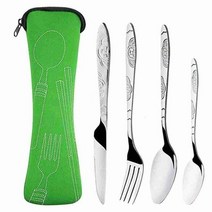 4Pcs/3Pcs 세트 식기 휴대용 인쇄 나이프 포크 스푼 스테인레스 스틸 가족 캠핑 스테이크 칼 붙이 가방, 06 Green 4Pcs