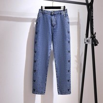 빅사이즈 바지 150Kg 플러스 사이즈 여성 봄 가을 사이드 하트 스트레이트 패션 와이드 레그 청바지 블루 힙 154cm 5XL 6XL 7XL 8XL 9XL