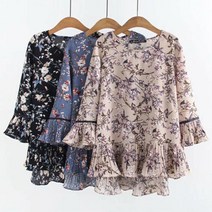 빅사이즈 여성 의류 여성 블라우스 뚱뚱한 여동생 7부 소매 플라워 상의 루즈핏 연령 감소 블라우스