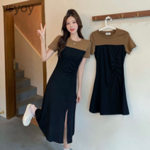 vsyoy 여름 새로운 Pleated Split 중간 길이 드레스 대형 통통한 소녀 드레스 여성용 허리 슬리밍 짧은 드레스