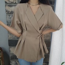 상상그이상 여성용 랩자켓 블라우스 완벽한핏 테일러드 카라 브이넥 반팔 자켓겸용 핀턱 A라인 스트랩 사이즈조절 오피스룩 여성스러운 데이트룩