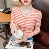 [이신]신상핫 2021 가을 스트라이프 티셔츠 여성 긴팔 V 넥 탑 패션 서양식 셔츠 기본 셔츠