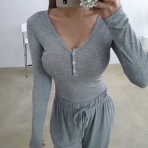 골지 슬림 단추 브이넥 슬림 반크롭긴팔티 4색