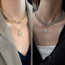 아이엘 ZC282 두꺼운 사슬 앤 코인 두줄 초커 (골드+실버) 세트